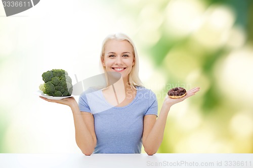 Image of smiling woman with broccoli and donut