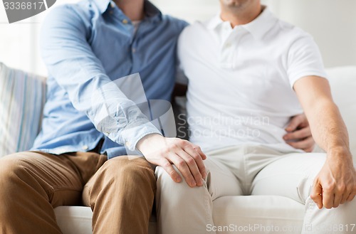 Image of close up of happy male gay couple hugging at home