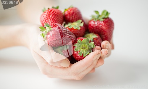 Image of close up of woman hands holding strawberries