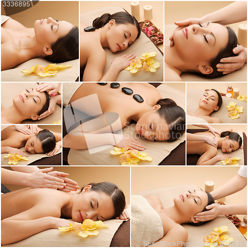 Image of woman having facial or body massage in spa salon