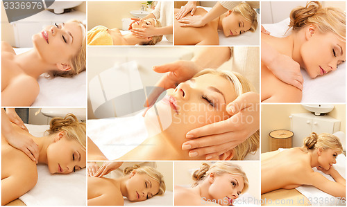 Image of woman having facial or body massage in spa salon