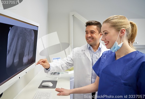 Image of dentists with x-ray on monitor at dental clinic