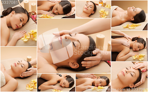 Image of woman having facial or body massage in spa salon