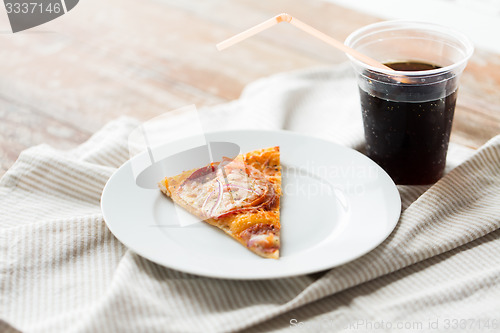 Image of close up of pizza with coca cola on table