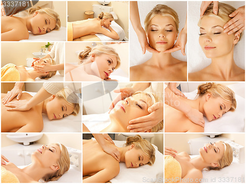 Image of woman having facial or body massage in spa salon