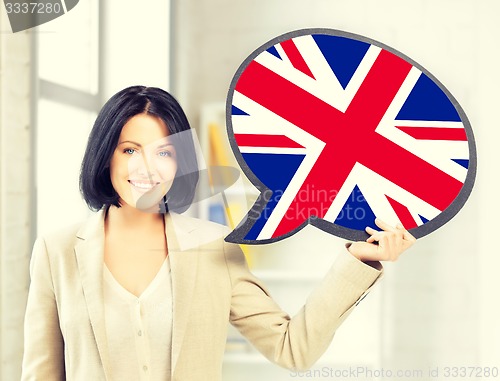 Image of smiling woman with text bubble of british flag