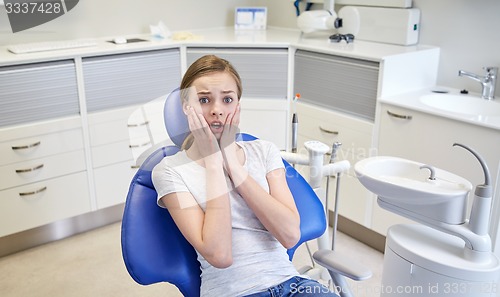 Image of scared and terrified patient girl at dental clinic