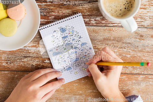 Image of close up of hands drawing scheme to notebook