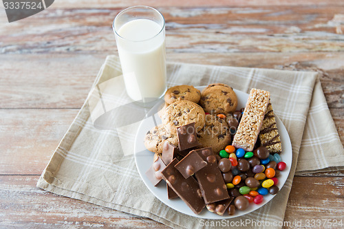 Image of close up of sweet food and milk glass on table