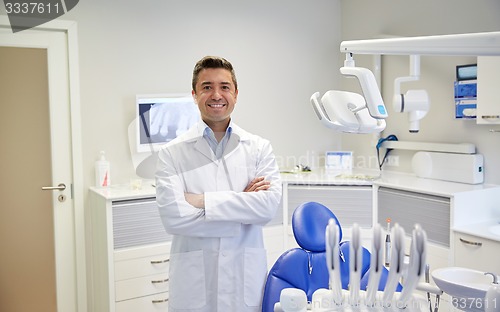 Image of happy male dentist at dental clinic office