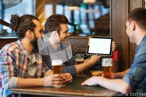 Image of male friends with tablet pc drinking beer at bar