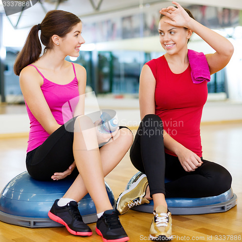 Image of two smiling women sitting on the half balls