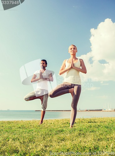 Image of smiling couple making yoga exercises outdoors