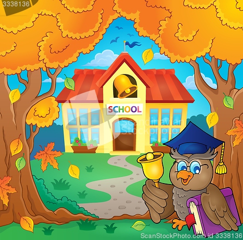 Image of Owl teacher near school building theme 1