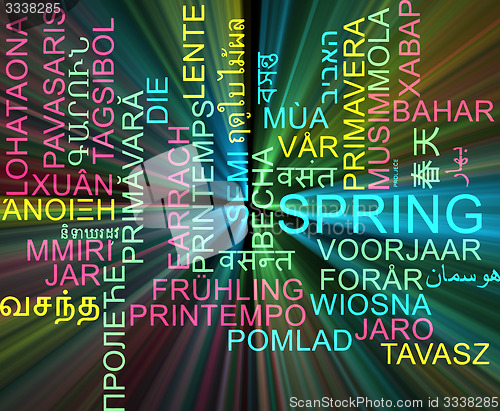 Image of Spring multilanguage wordcloud background concept glowing