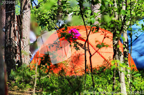 Image of camping outdoor with  tent in woods in summer 