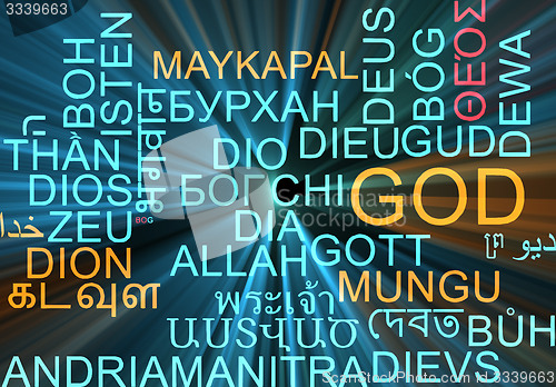 Image of God multilanguage wordcloud background concept glowing