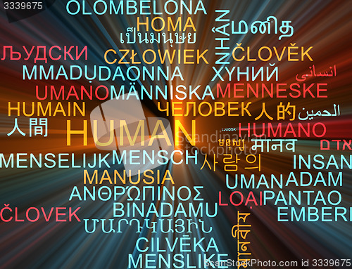 Image of Human multilanguage wordcloud background concept glowing
