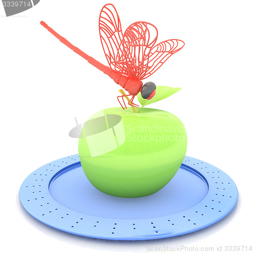 Image of Dragonfly on apple on Serving dome or Cloche. Natural eating concept