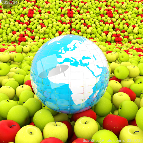 Image of apples background and Earth. Global concept Thanksgiving Day