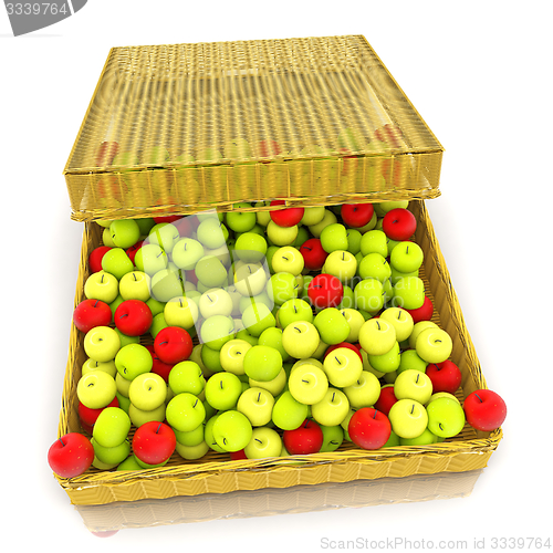 Image of Wicker basket full of apples isolated on white