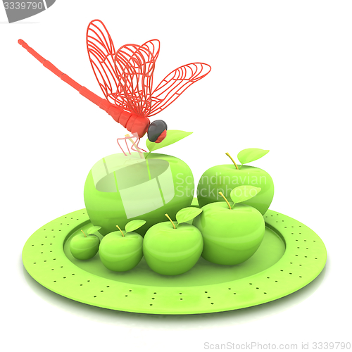 Image of Dragonfly on apple on Serving dome or Cloche. Natural eating concept