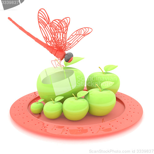Image of Dragonfly on apple on Serving dome or Cloche. Natural eating concept