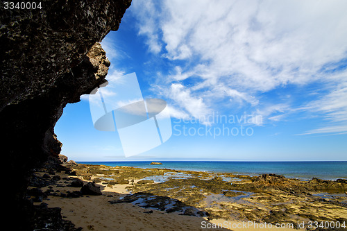 Image of in lanzarote   spain  rock stone sky cloud beach   