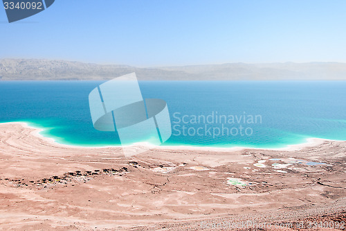 Image of Aerial view Dead Sea coast landscape with therapeutic curative mud