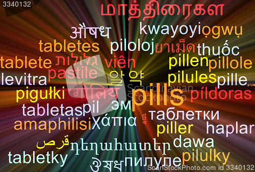Image of Pills multilanguage wordcloud background concept glowing