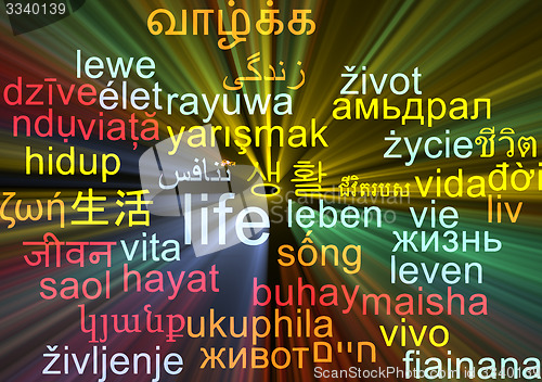 Image of Life multilanguage wordcloud background concept glowing
