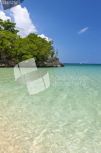 Image of Beach on tropical island. Clear blue water and sky 