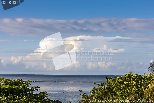 Image of Beach on tropical island. Clear blue water and sky 