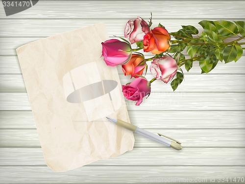 Image of Fresh Roses on wooden background. EPS 10