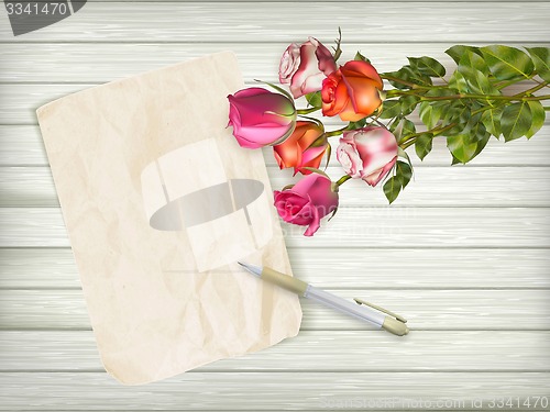 Image of Fresh Roses on wooden background. EPS 10