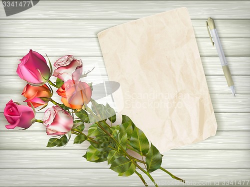 Image of Blank greeting card over wooden table. EPS 10