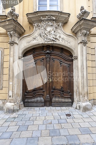 Image of Traditional wooden door in the town, Slovakia