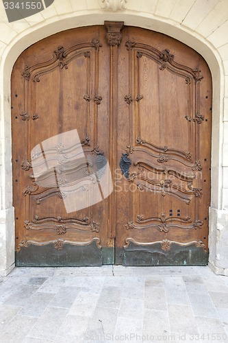 Image of Traditional wooden door in the town, Slovakia