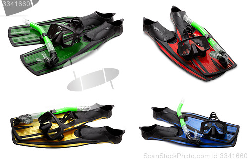 Image of Set of multicolor swim fins, mask and snorkel for diving on whit