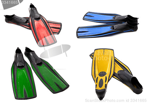 Image of Set of multicolor swim fins for diving on white background