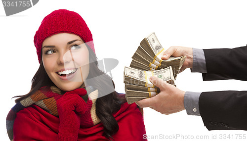 Image of Mixed Race Young Woman Being Handed Thousands of Dollars
