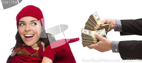 Image of Mixed Race Young Woman Being Handed Thousands of Dollars