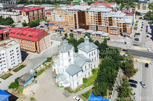 Image of Aerial view on Archangel Michael Church. Tyumen