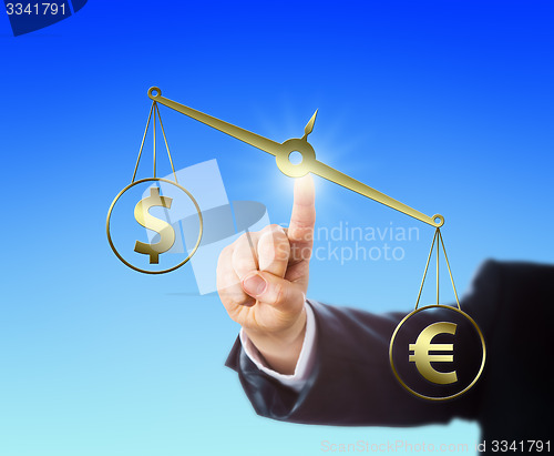 Image of Euro Sign Outweighing The Dollar On A Balance