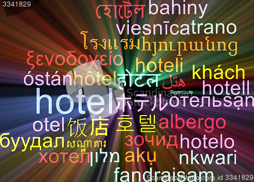 Image of Hotel multilanguage wordcloud background concept glowing