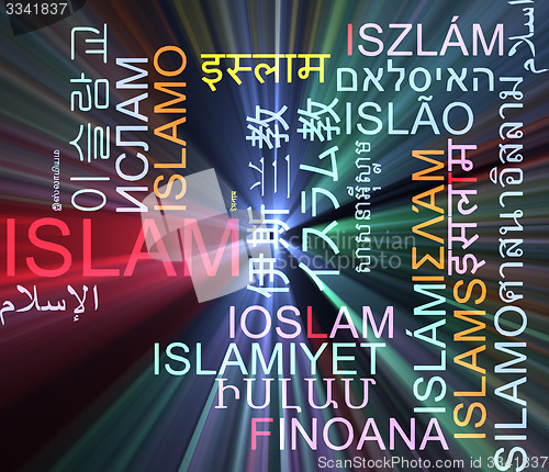 Image of Islam multilanguage wordcloud background concept glowing