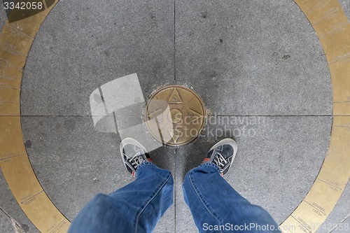 Image of BRATISLAVA, SLOVAKIA - MAY 07 2013: bronze pointer to europe cities on granite walkway, Bratislava slovakia