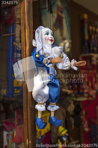 Image of Prague,Czech Republic - 8 May, 2013 : Prague souvenirs, traditional puppets made from wood in the gift shop. .