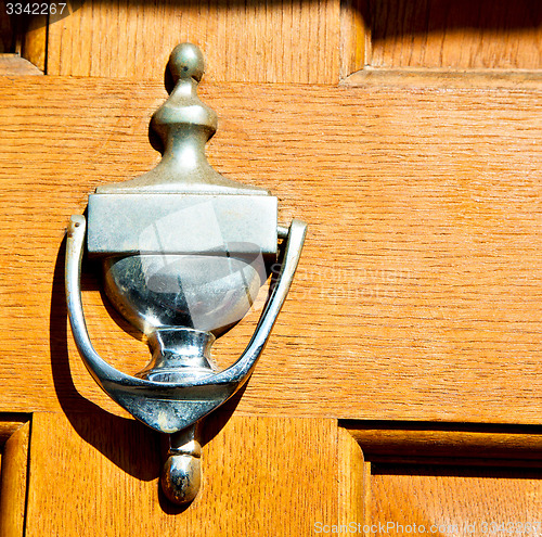 Image of handle in london antique brown door  rusty  brass nail and light
