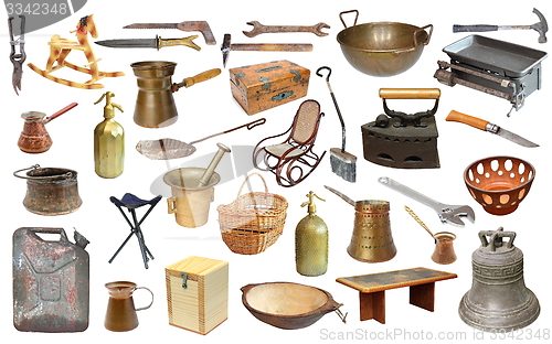 Image of collage with very old objects over white